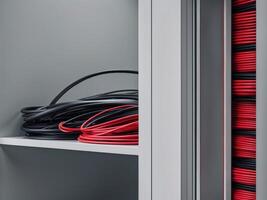 Red and Black Wires and Cables in a Storage Cabinet. photo