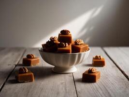 A bowl of caramel squares topped with walnut halves sits on a wooden table. photo