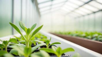 Close up image of green seedlings growing in a greenhouse. photo