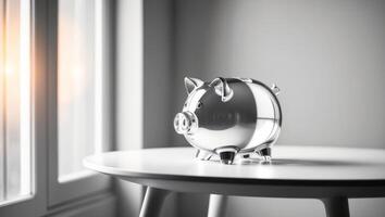 A clear glass piggy bank placed on a table near a window with soft sunlight illuminating it. photo