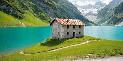 An abandoned building sits on a hillside overlooking a turquoise lake in the Alps. photo