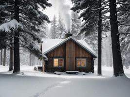Cozy cabin in snowy woods with smoke rising from chimney. photo