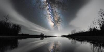 Milky Way Galaxy Reflecting in a Still Stream at Night. photo