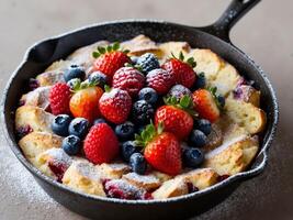 Sweet and Savory Bread Pudding with Berries and Powdered Sugar in a Cast Iron Skillet. photo