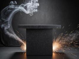 Dark Background Granite Stone Podium with Smoke and Sparks for Product Presentation. photo