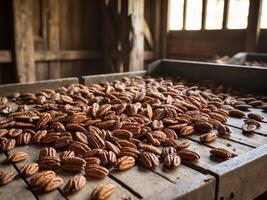 Harvested Pecans on Sorting Table in Rustic Barn. photo