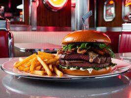 Vibrant retro fast food experience gourmet steak sandwich and crispy fries diner setting mouthwatering view culinary delight. photo