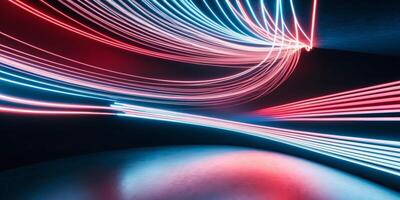 Abstract background with colorful glowing light lines on a dark blue and red gradient. photo