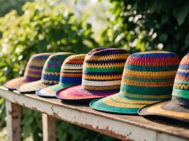 A row of colorful woven hats arranged neatly on a wooden table in a garden during daylight. photo