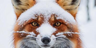 A close up of a red fox's face covered in snow. photo