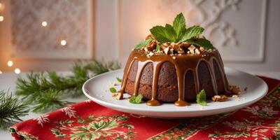Decadent Sticky Toffee Pudding Cake Topped with Mint Leaves and Nuts on a Festively Decorated Background. photo