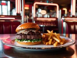 Vibrant retro fast food experience gourmet steak sandwich and crispy fries diner setting mouthwatering view culinary delight. photo