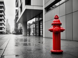 Red fire hydrant standing on a wet city sidewalk with modern buildings in the background. photo