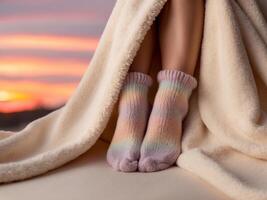 Feet in Cozy Knitted Socks Wrapped in a Blanket at Sunset. photo