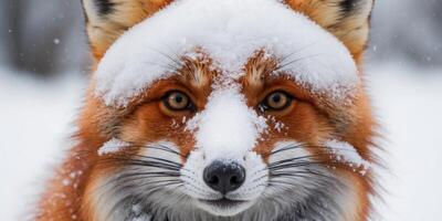 A close up of a red fox's face covered in snow. photo