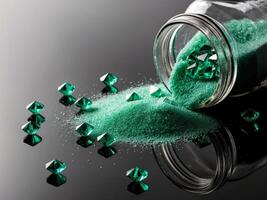 Shimmering green sugar crystals scattered from a jar on a dark surface. photo