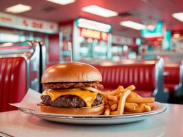 Vibrant retro fast food experience cheesy burger and fries in a classic diner setting. photo