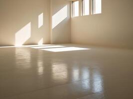 Sunlight casting shadows on a clean white floor in an empty room. photo