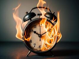 Old alarm clock with flames showing time passing quickly. photo