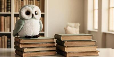 A plush owl perched on stack of books in cozy library. photo