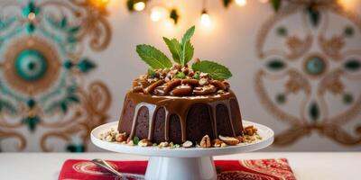 Decadent Sticky Toffee Pudding Cake Topped with Mint Leaves and Nuts on a Festively Decorated Background. photo