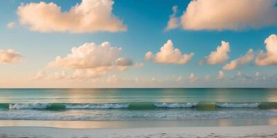 Tranquil Ocean Waves Gently Lapping on a Serene Beach Under a Clear Blue Sky with Fluffy Clouds at Sunrise or Sunset in a Coastal Setting. photo
