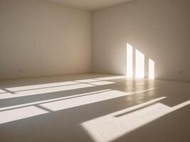 Sunlight casting shadows on a clean white floor in an empty room. photo
