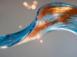 A wave of liquid forms a captivating curve with vibrant blue and orange hues reflecting the surrounding light. photo