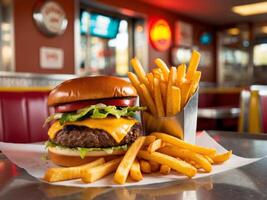 Vibrant retro fast food experience classic cheeseburger and fries at a diner nostalgic atmosphere delicious indulgence. photo