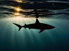Silhouette of Shark Beneath Sunlit Ocean Surface in Deep Waters. photo