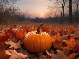 Serene Sunset Over a Pumpkin Patch with Glowing Orange Pumpkin Surrounded by Autumn Leaves and Soft Twilight Sky in Background. photo