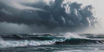 Dramatic Seascape with Stormy Clouds and Waves. photo