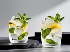 Two glasses of refreshing lemon and mint drinks with ice on a black surface. photo