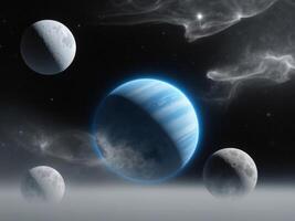 Breathtaking View of a Blue Planet Surrounded by Three Moons in a Vast Cosmic Landscape. photo