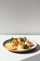 Grilled Scallops with Lemon Butter Sauce Delight. photo