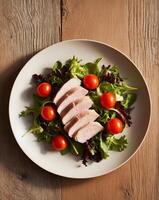Fresh duck breast meat salad displayed on a rustic tabletop providing a delightful meal or snack option creating a picturesque copy space image from above. photo