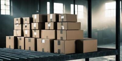 Stack of Cardboard Boxes on a Metal Shelf in a Warehouse. photo