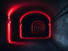 Mysterious underground tunnel illuminated by striking red lights during the late night hours. photo