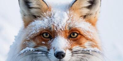 A close up of a fox's face covered in snow. photo