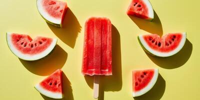 Watermelon Ice Pop Surrounded by Watermelon Slices on Yellow Background. photo