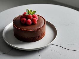 A chocolate cake topped with raspberries and a sprig of mint sits on a gray surface. photo