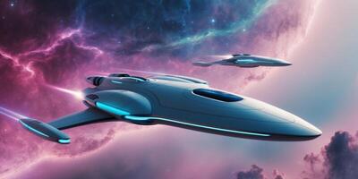 A panoramic view of a futuristic spaceship cruising through vibrant nebulae in deep space during cosmic exploration. photo