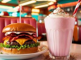 Retro fast food delight vibrant burger and milkshake experience in a colorful diner setting. photo