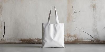 empty blank canvas tote bag mock up with vintage background surface. photo