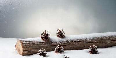A log with pine cones on it covered in snow. photo