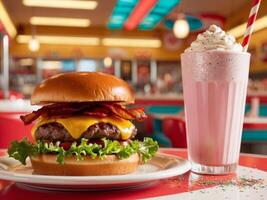 Retro fast food delight vibrant burger and milkshake experience in a colorful diner setting. photo