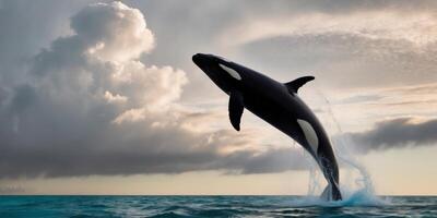 Orca Whale Leaping from the Ocean with Dramatic Cloudy Sky. photo