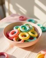 Colorful Candy Rings in a Bowl Ready for Snacking at a Cheerful Gathering During the Afternoon. photo