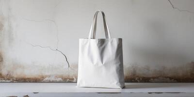 empty blank canvas tote bag mock up with vintage background surface. photo