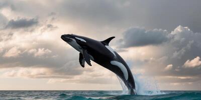 Orca Whale Leaping from the Ocean with Dramatic Cloudy Sky. photo